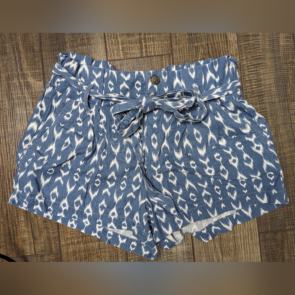 Rewash Brand Linen High Waist Patterned Blue Shorts Size Small